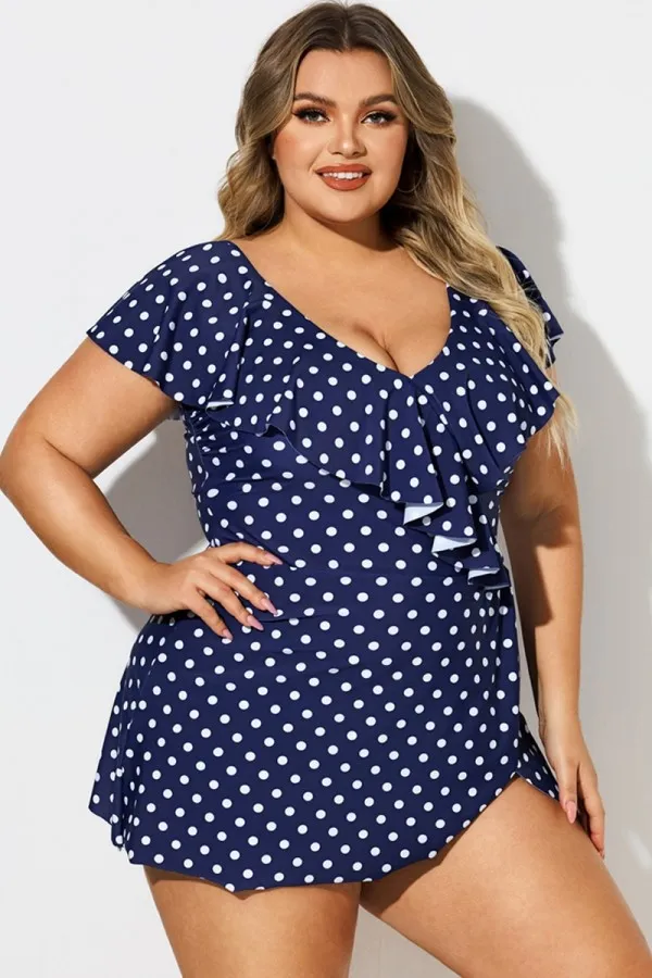 Navy Dot Beach Surplice Flounce Sleeve Swimdress