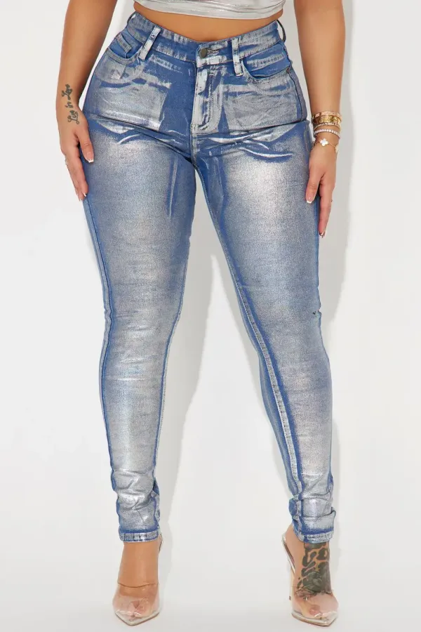 She's Glowing Metallic Foil Stretch Skinny Jeans - Silver