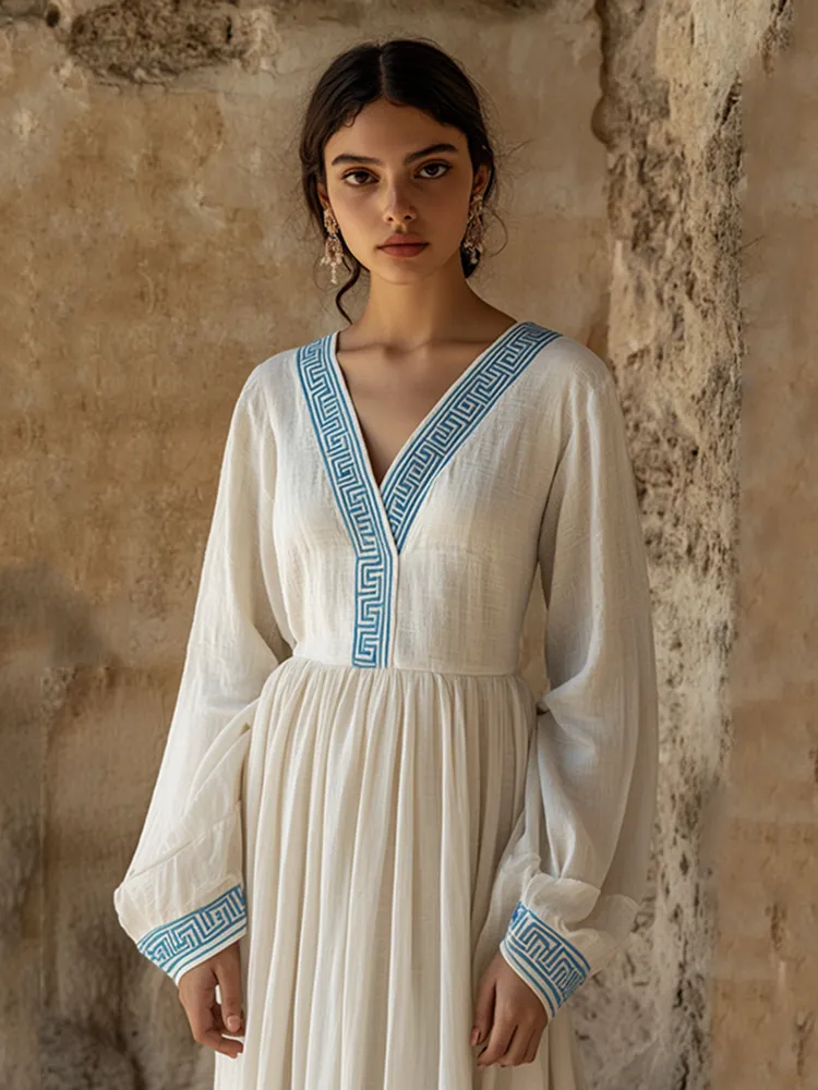 Vintage Greek Inspired V Neck Linen Blend Maxi Dress