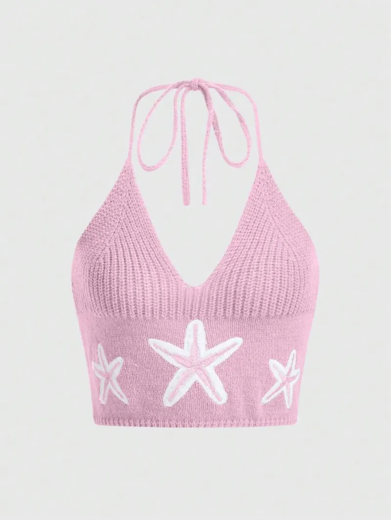 Fairycore Women Summer Knitted Top With Pentagram Pattern Neck Strap