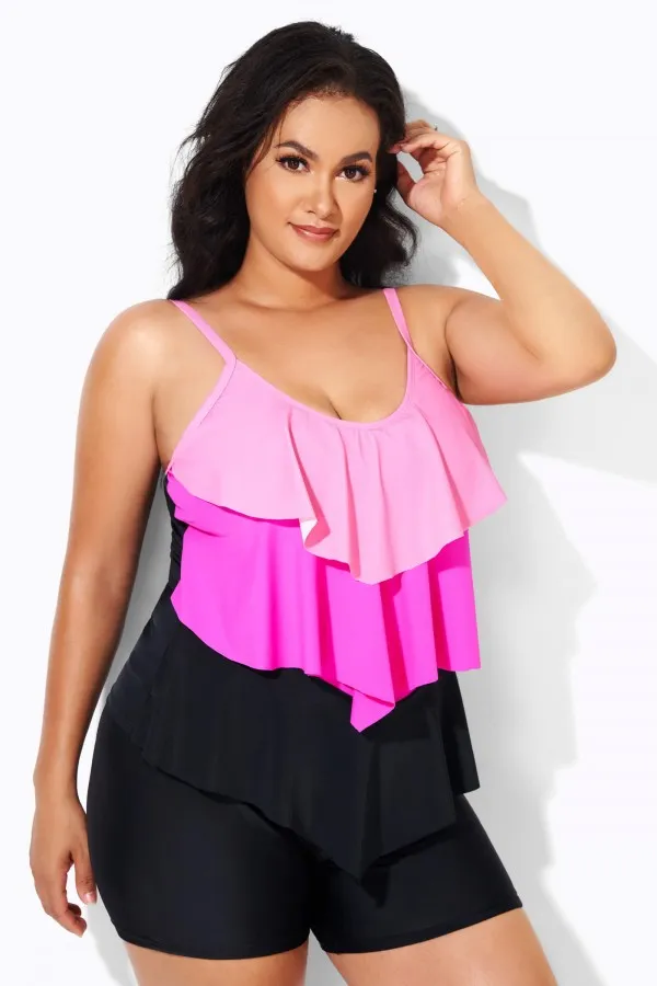 Plus Size Colorblock V-Neck Ruffle Women Tankini Top