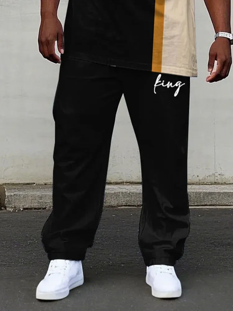 Big Men’S Black & Khaki Colorblock King Printed Short Sleeve T-Shirt Trousers Set