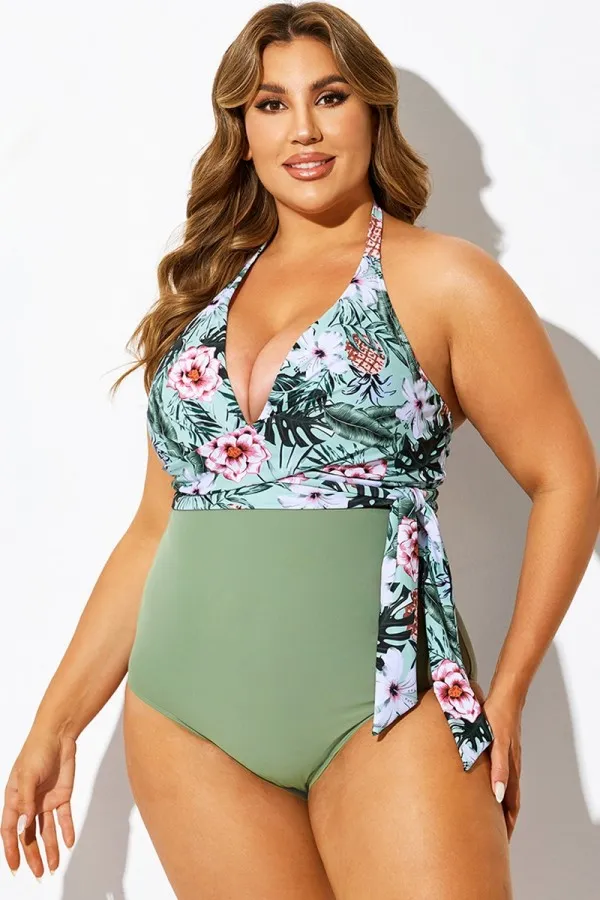 Floral Print Wrap Halter One Piece Swimsuit