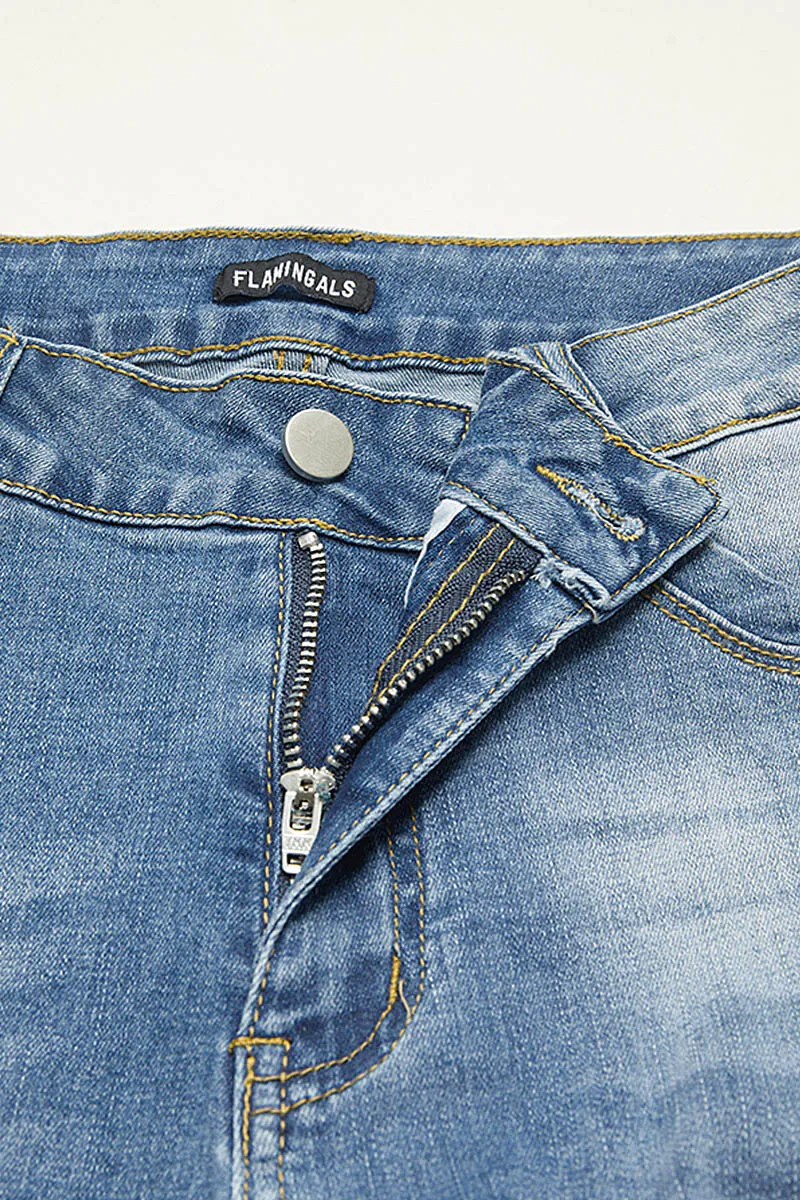 Lace Trim Raw Hem Mid Waist Denim Mid Thigh Shorts