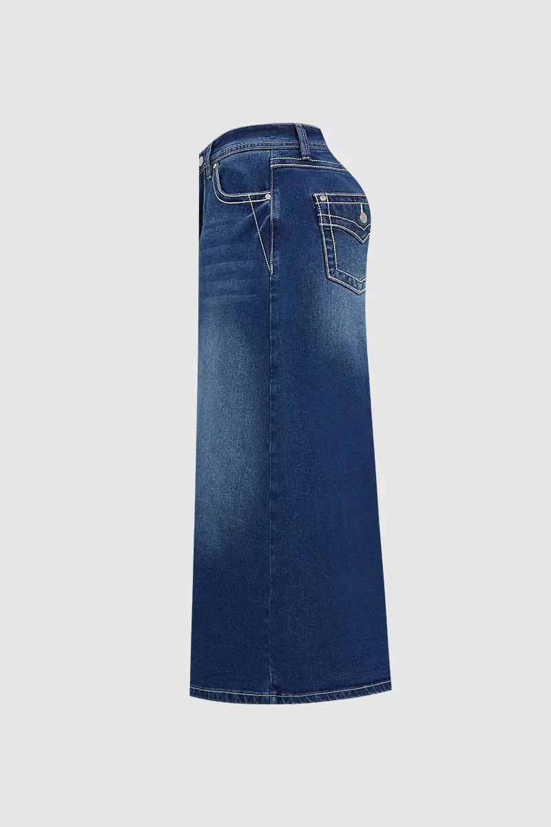 Split Stitch Detail Wash Mid Waist Midi Denim Skirt