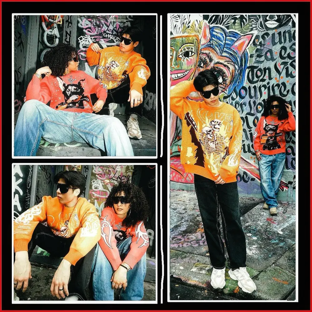 Couple Two Piece Orange and Yellow Sweater Renaissance Street Wear Fashion Printing Seasonal Trend Special Design