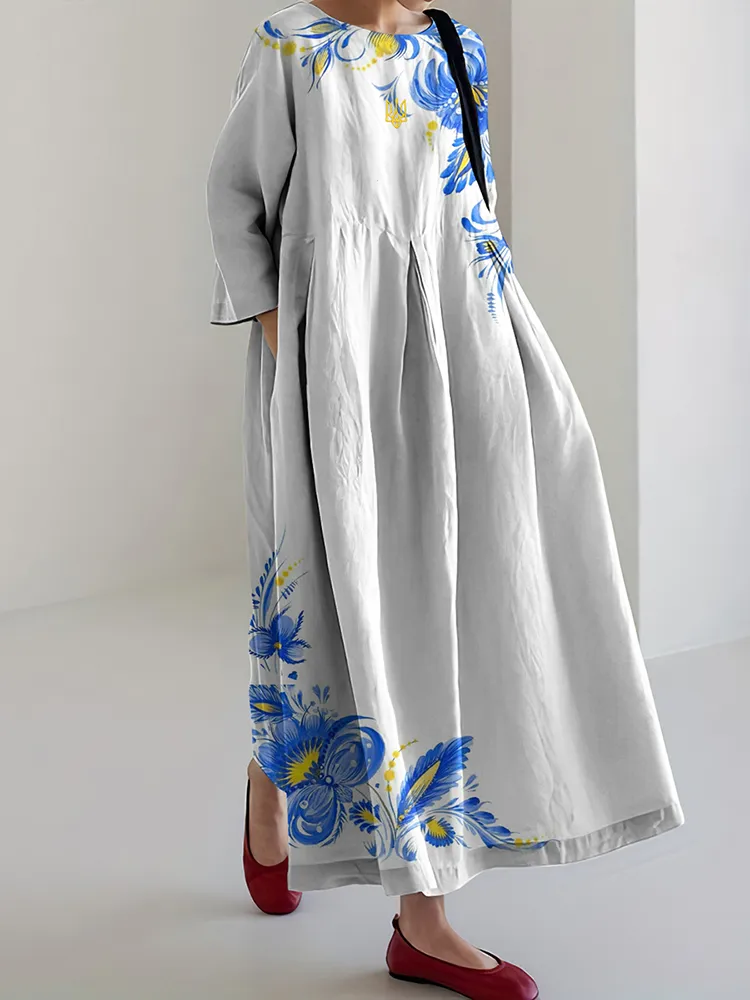 Ukrainian Floral Art Pattern Linen Blend Maxi Dress