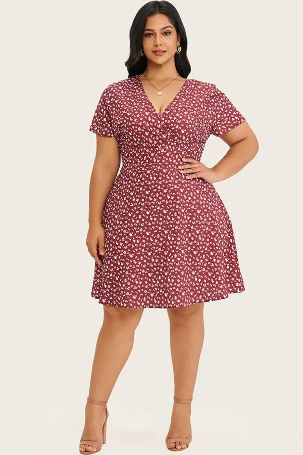 Floral Print A-Line Short Sleeve Midi Dress
