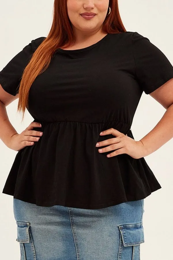 Black Peplum Short Sleeve Round Neck Top