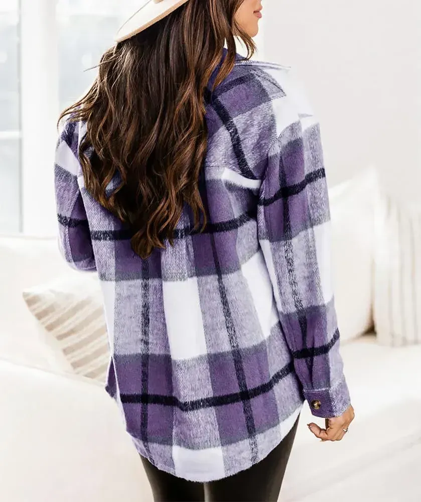 Womens Casual Plaid Shackets Brushed Flannel Button Down Shirt Jacket Coats with Side Pockets