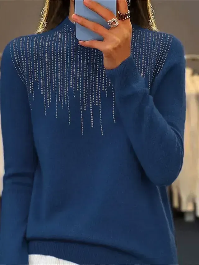 Women‘s Christmas Pullover Sweater Jumper Crew Neck Ribbed Knit Acrylic Sequins Fall Winter Regular Outdoor Daily Going out Xmas Stylish Casual Long Sleeve Solid Color Black White Light Green S M L