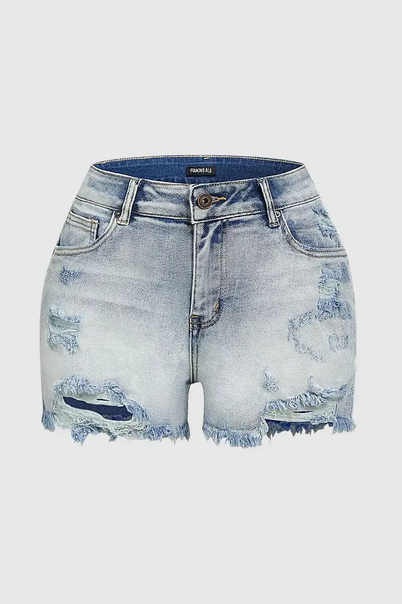 Wash Ripped High Rise Denim Shorts Without Belt
