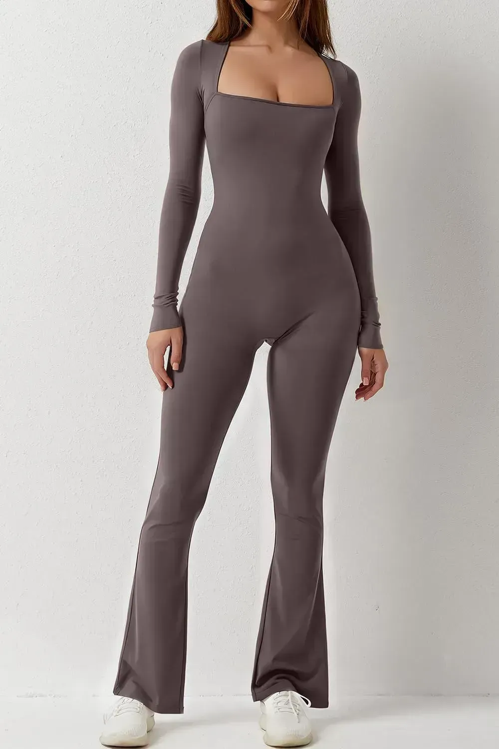 Long Sleeve Jumpsuits for Women Square Neck Wide Leg Full Length Romper Playsuit