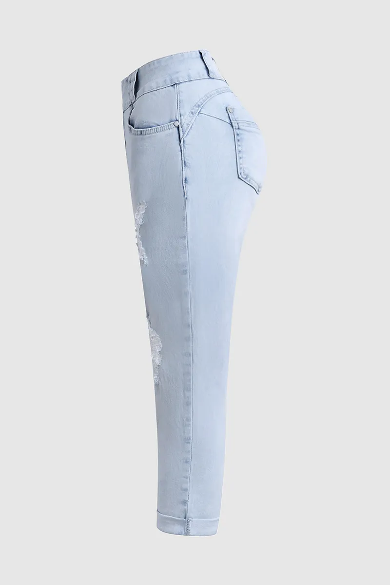 Double Button Ripped Roll Hem Mid Waist Capri Jeans
