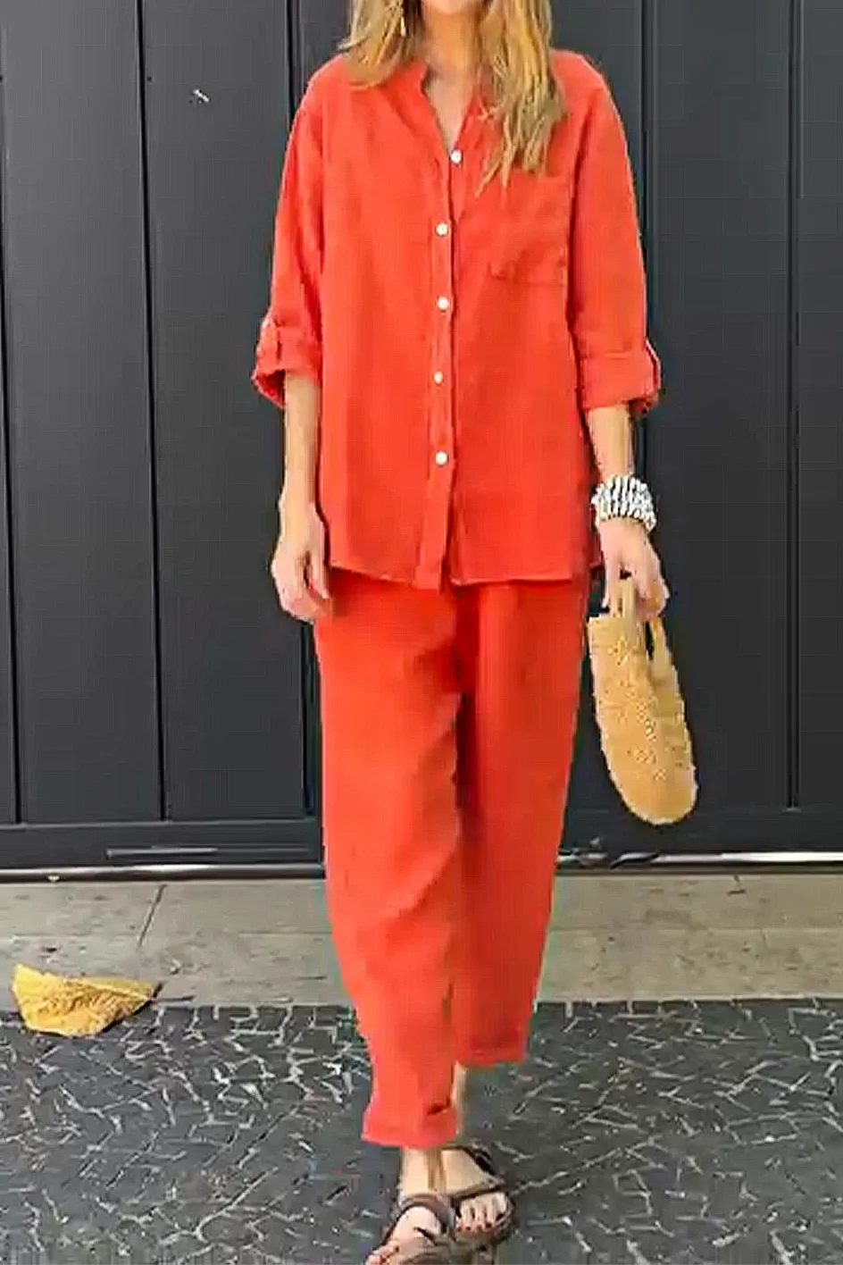 Women'S Casual Cotton And Linen Top And Pants Two-Piece Set