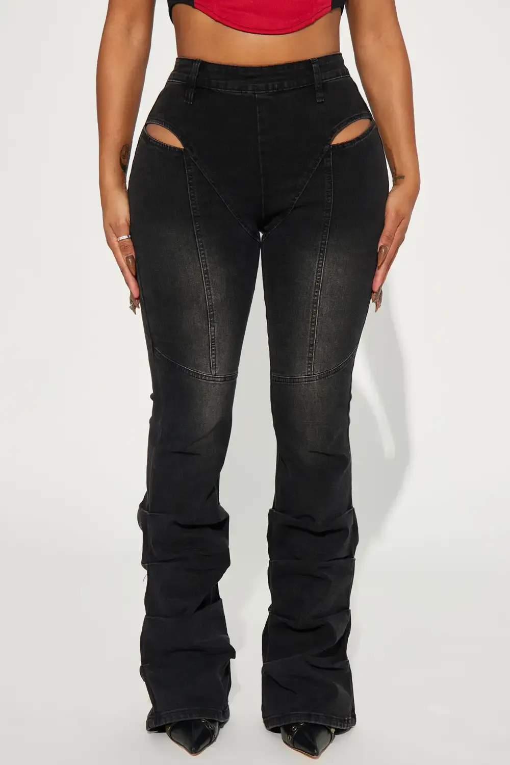 Ride On Stretch Cut Out Flare Jeans - Black Wash