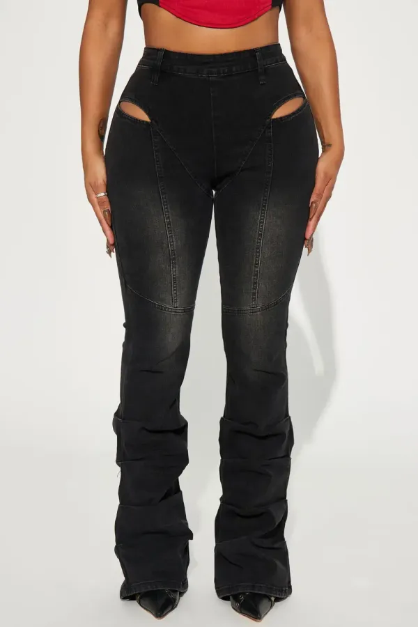 Ride On Stretch Cut Out Flare Jeans - Black Wash