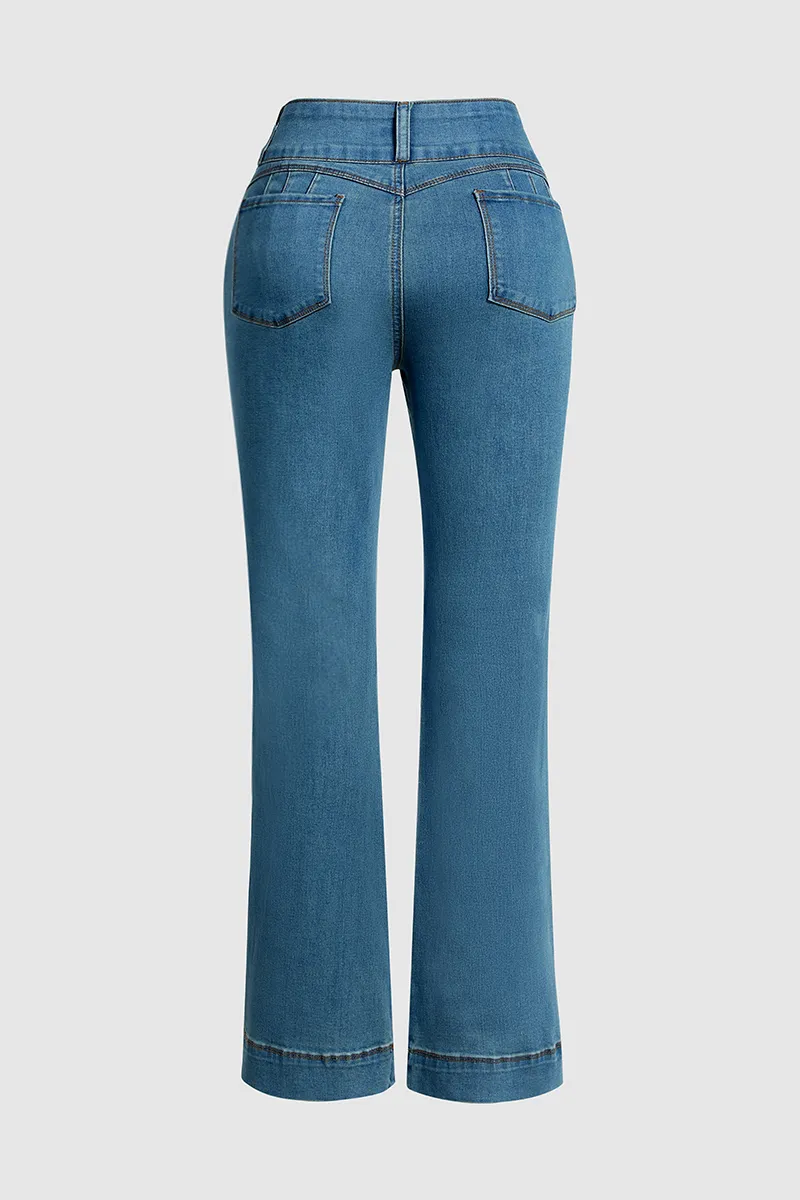Ripped Double Breasted Button Fly High Rise Bootcut Jeans
