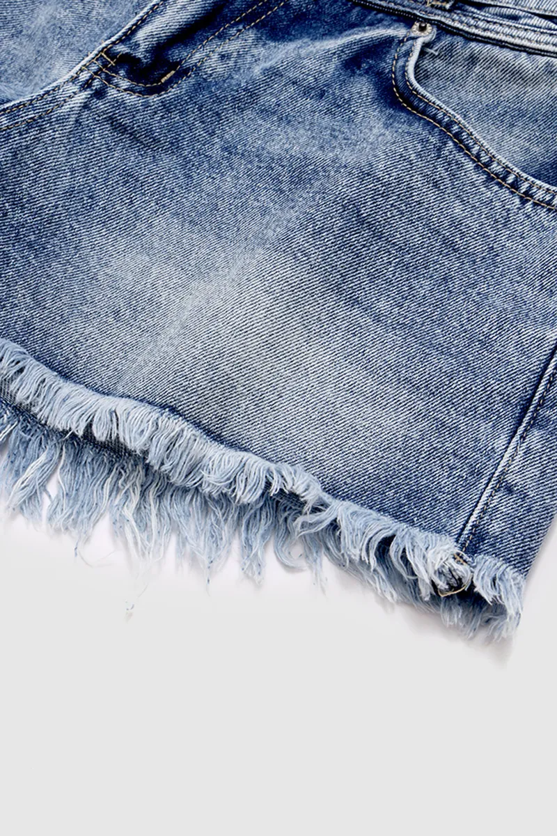 Wash Button Fly Raw Hem Mid Rise Denim Shorts