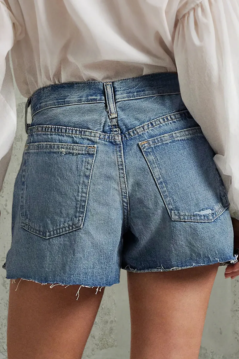 Ripped Split Side Raw Hem Mid Rise Denim Shorts