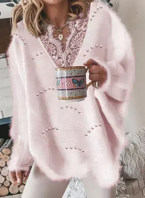 V-neckline Solid Color Casual Lace H-line Sweaters
