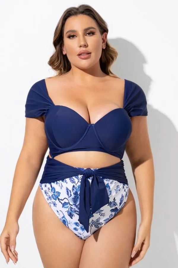 Blue Tie-Back Sweetheart Neckline Underwire Bikini Top