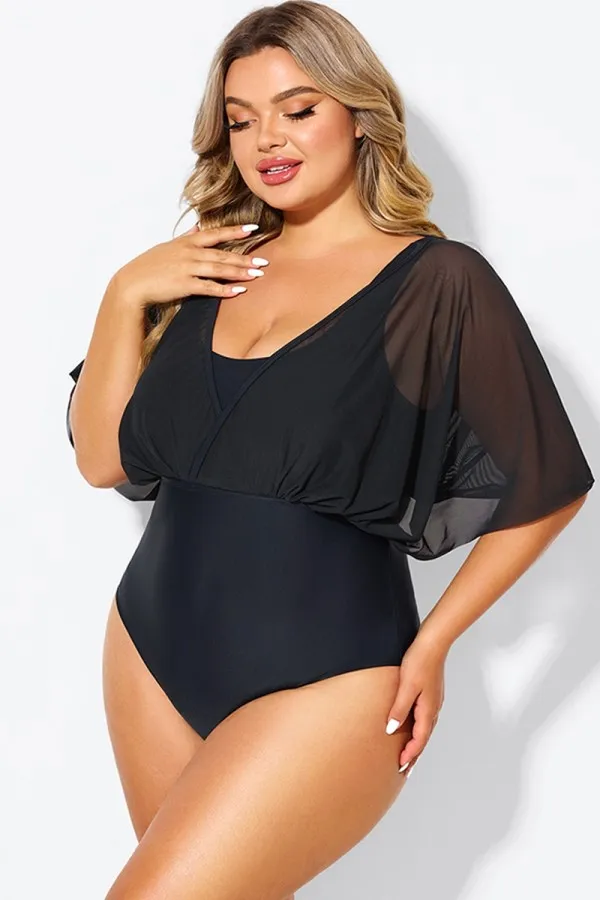 Solid Black Mesh Patchwork One Piece Swimsuit