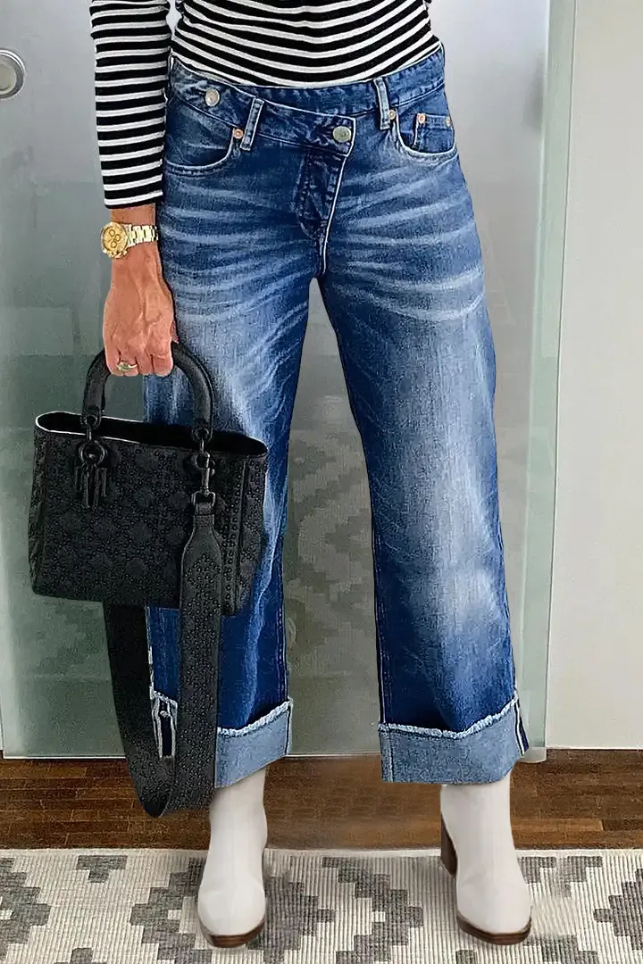 Wash Raw Roll Hem Wrap Mid Waist Straight Leg Jeans