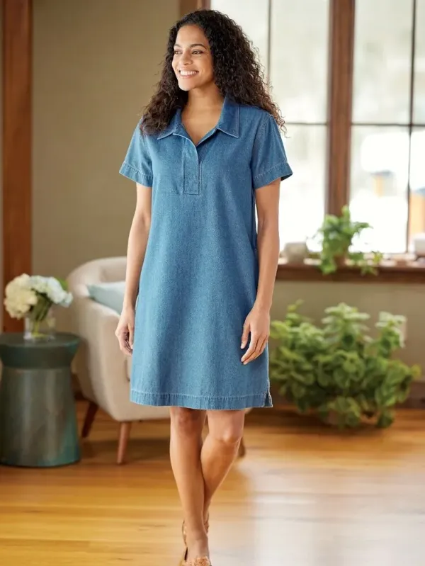 Casual Denim Short-Sleeve Popover Dress