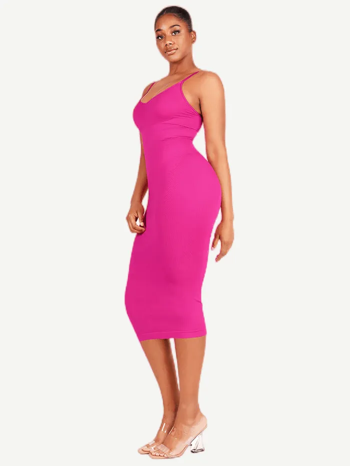 Seamless Spaghetti Strap V Neck Maxi Dress with Built-in Bodycon