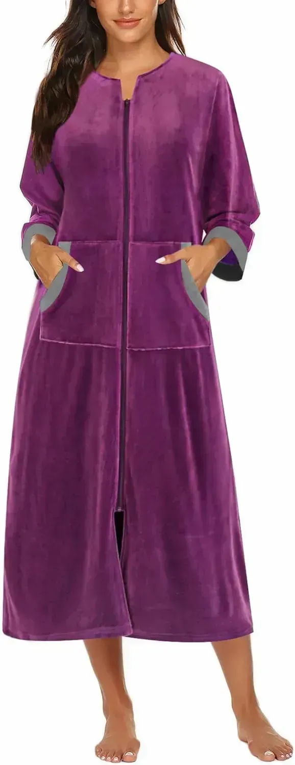 Women Zipper Robe 3/4 Sleeves Loungewear Dress Full Length Sleepwear Pockets Housecoat Nightgown Long Bathrobe