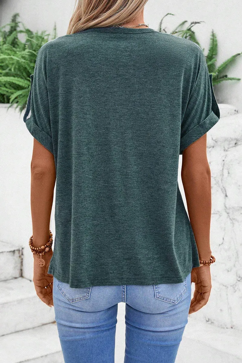 Half Placket Ruched Detail Roll Tab Sleeve T-Shirt