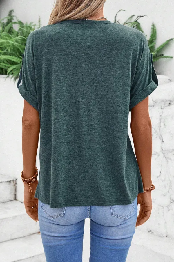 Half Placket Ruched Detail Roll Tab Sleeve T-Shirt