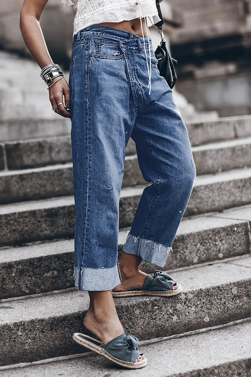 Wash Ripped Raw Roll Hem Wrap High Rise Straight Leg Jeans