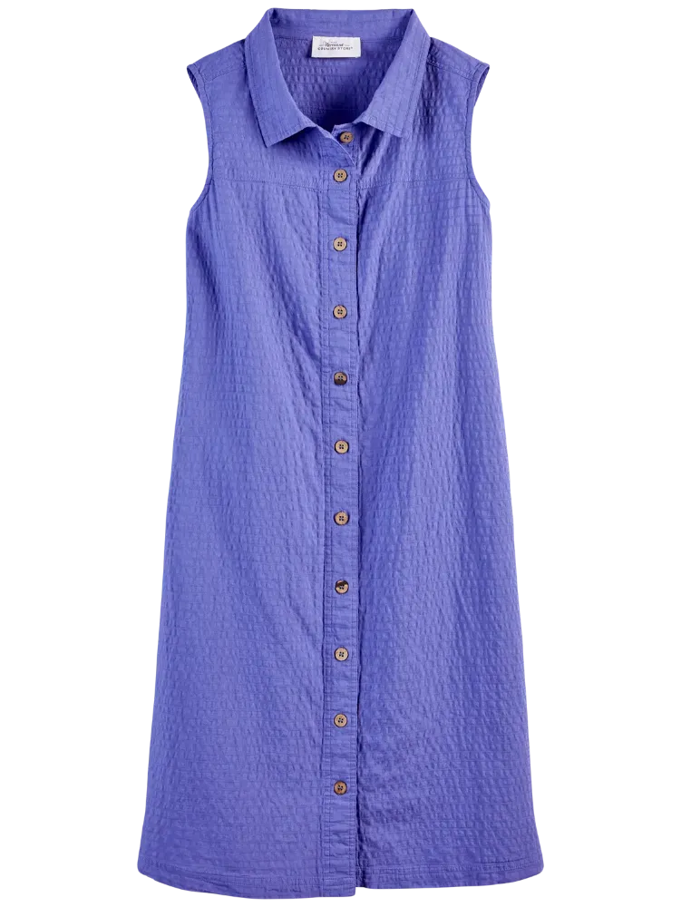 Crinkle-Cotton Sleeveless Button-Front Dress