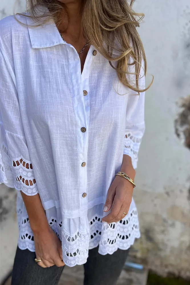 Women's solid color cotton and linen hollow out shirt