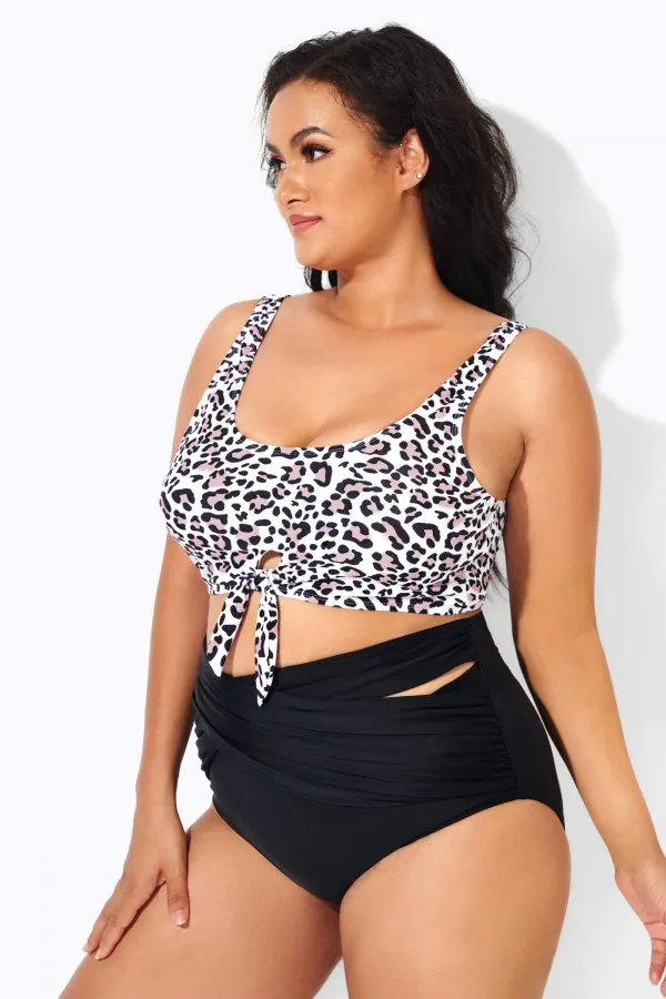 Leopard Print Knot Front Women Bikini Top