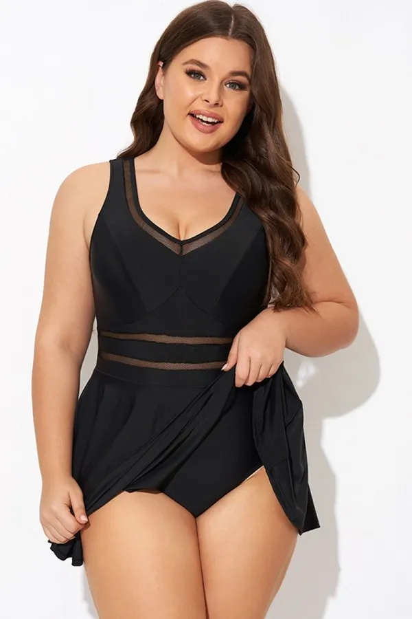 Black V-neck Wide Strap Crochet Detail Swimdress