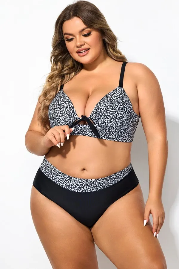 Black＆White Abstract Print Tie Front Underwire Bikini Top