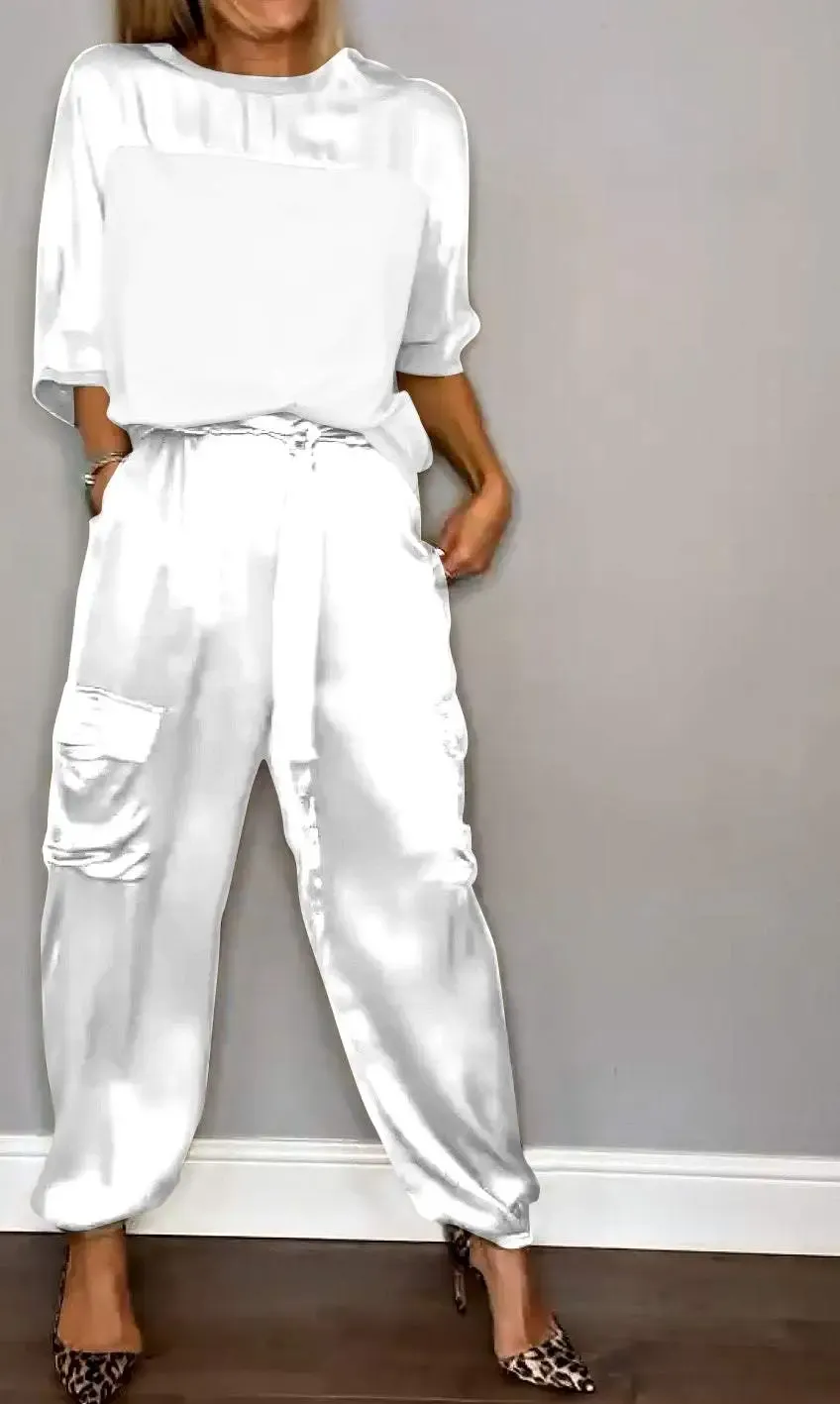 Women's Smooth Satin Half-sleeved Top and Pant Suit Two-piece