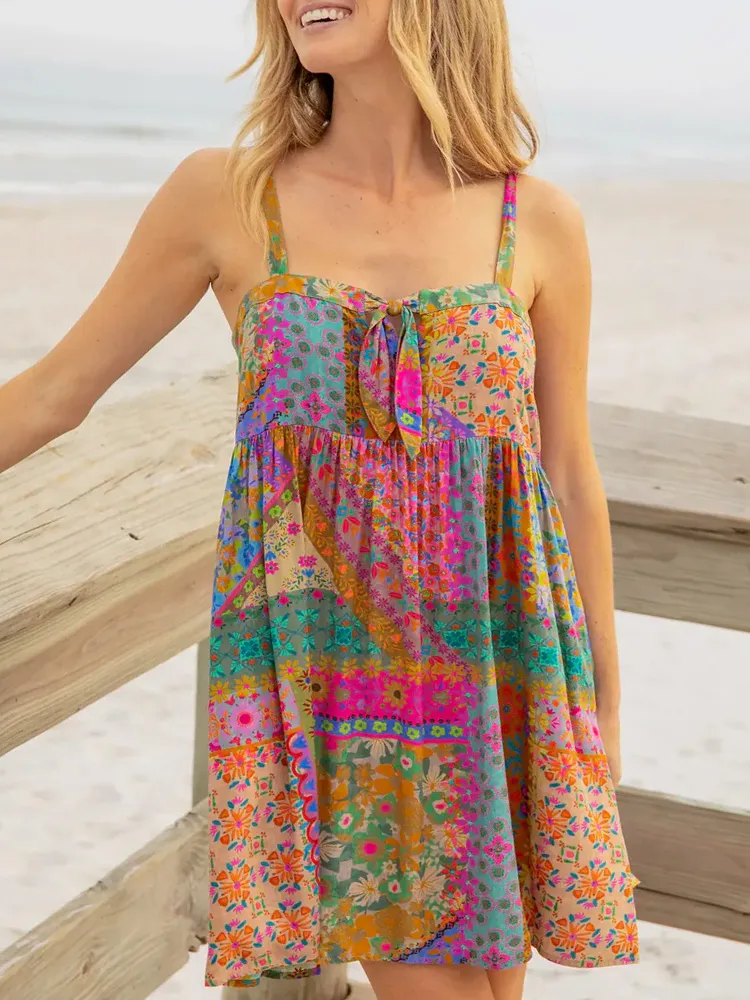 Women's Casual Floral Print Cotton And Linen Dress