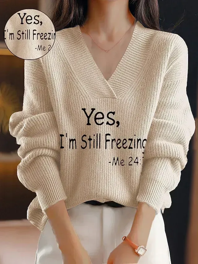 Women‘s Christmas Pullover Sweater Jumper Casual Sweater V Neck Ribbed Knit Polyester Knitted Print Fall Winter Regular Outdoor Xmas Going out Daily Stylish Long Sleeve Letter White Wine Khaki S M L