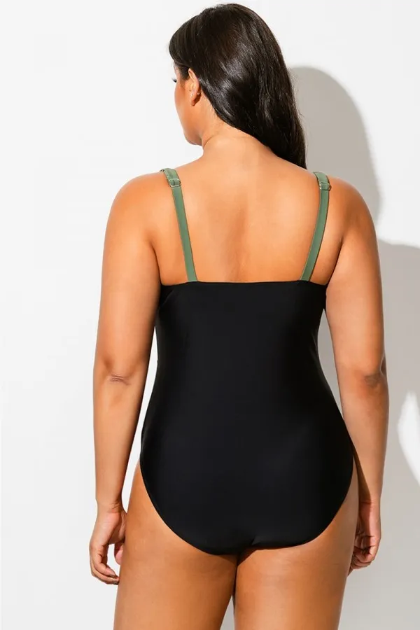 Green Colorblock V-Neck One Piece Swimsuit
