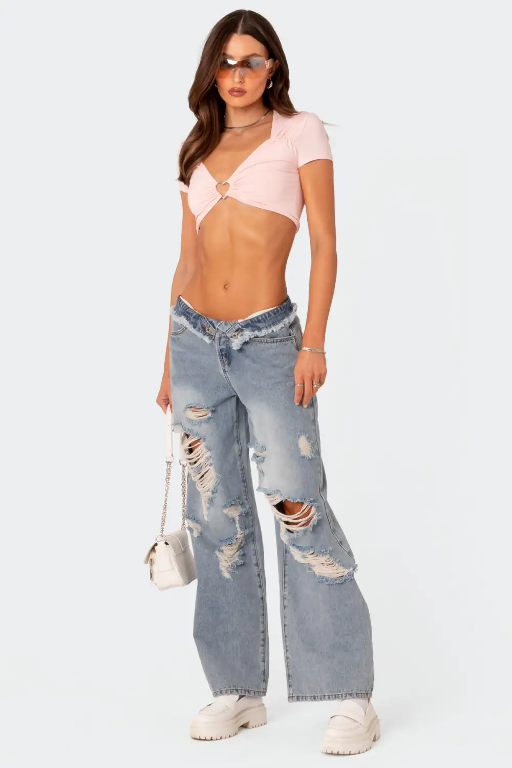 Distressed Fold Over Boyfriend Jeans
