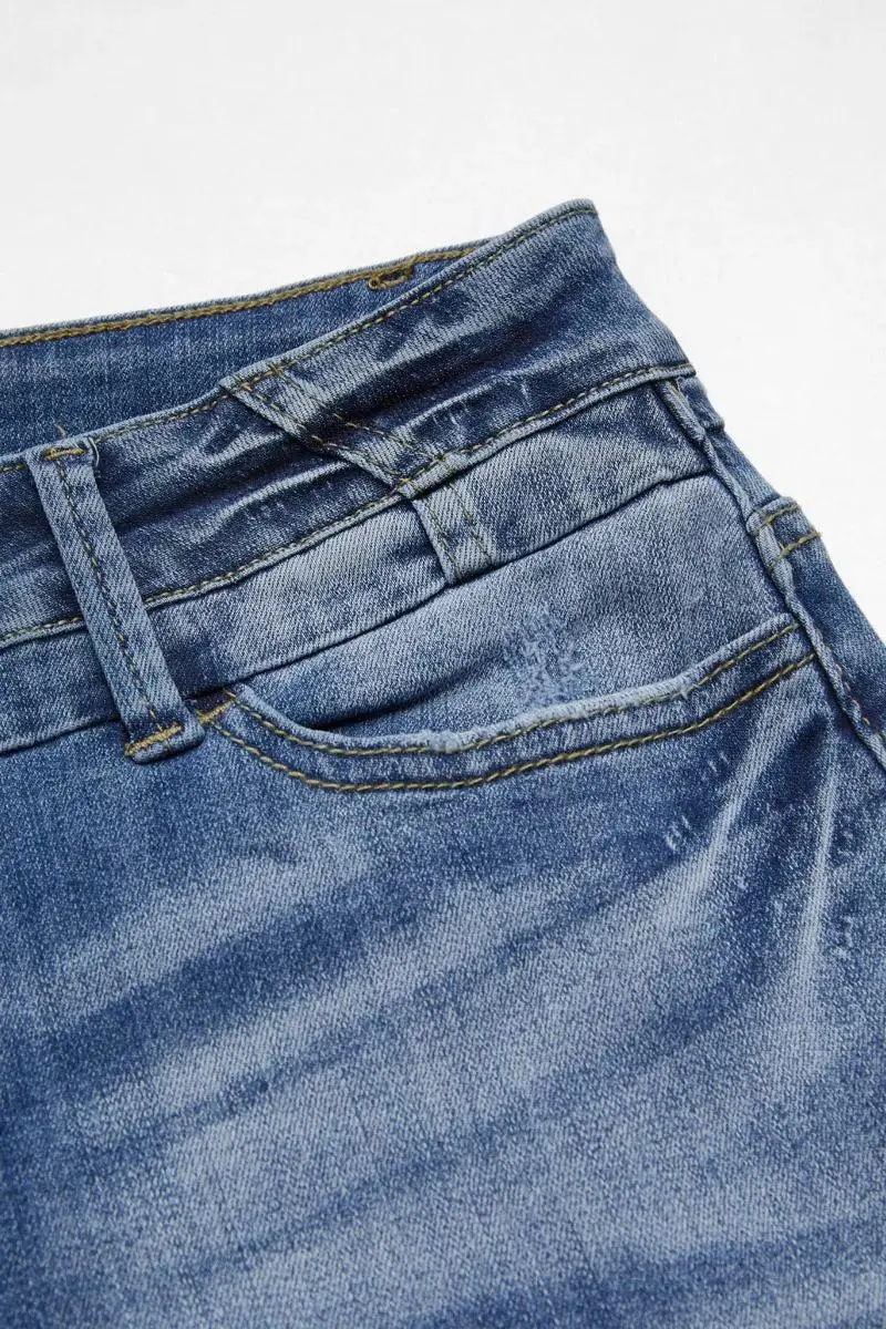Ripped Raw Hem Mid Rise Denim Bermuda Shorts