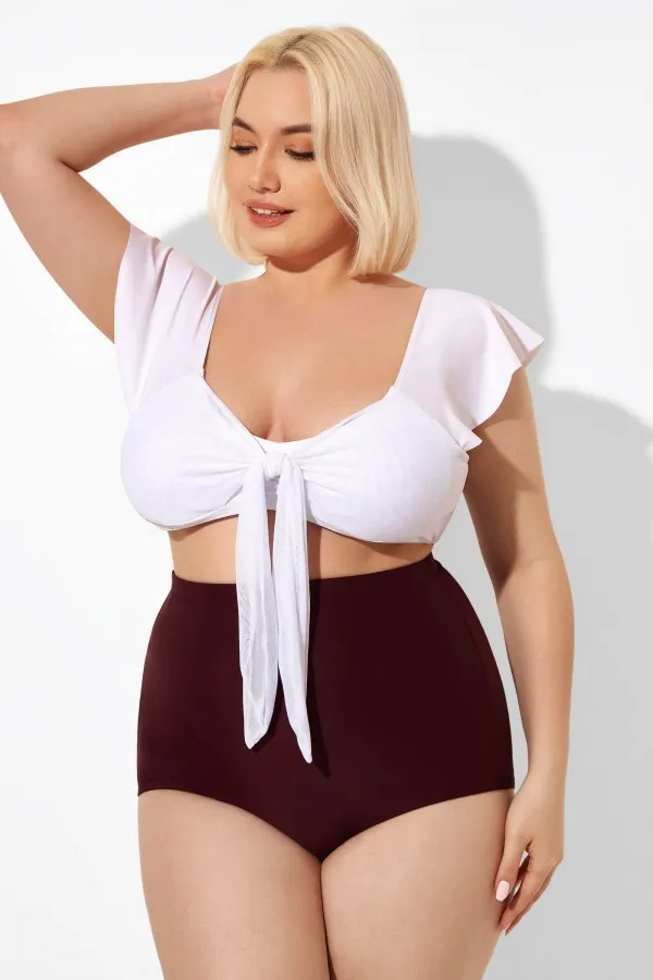 White Cap Sleeve Tie-front Bikini Top