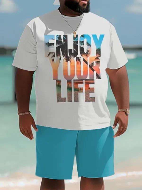 Big Men'S Gradient Coconut Tree T-Shirt And Shorts Set