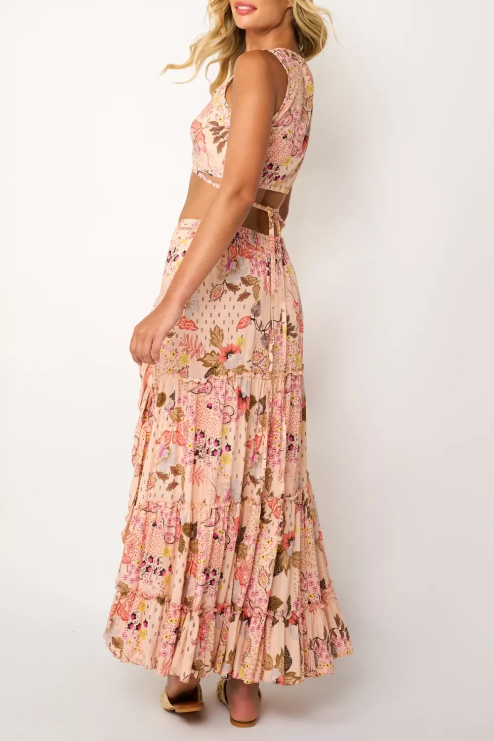 Pink And White Floral Print Ruffled Maxi Skirt