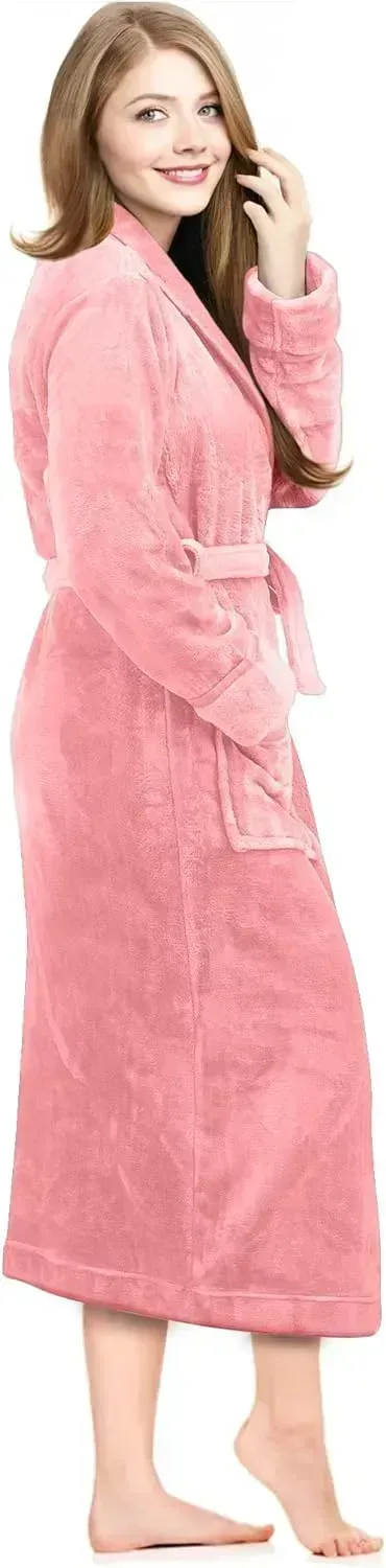 Women Fleece Shawl Collar Bathrobe - Plush Long Robe