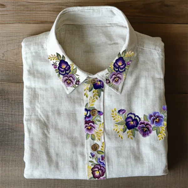 Classy Pansy Floral Embroidered Linen Blend Blouse